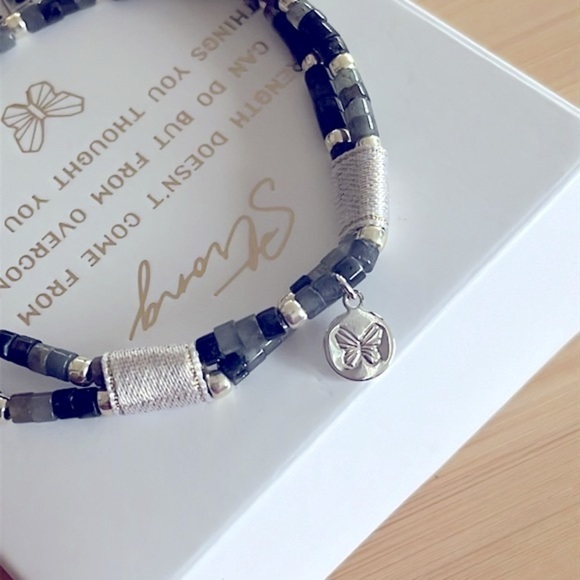 Brand New Set of Silver Plated Beaded Stretch Bracelets Butterfly Charm “Strong” - Picture 6 of 14